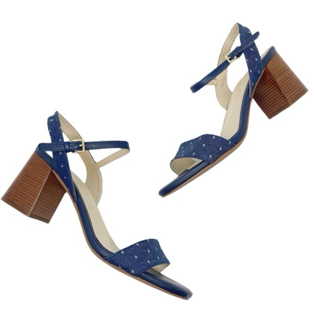 Cole Hann Josie Block Heel Sandals Polka Dot Chambray Blue Denim size 8.5B